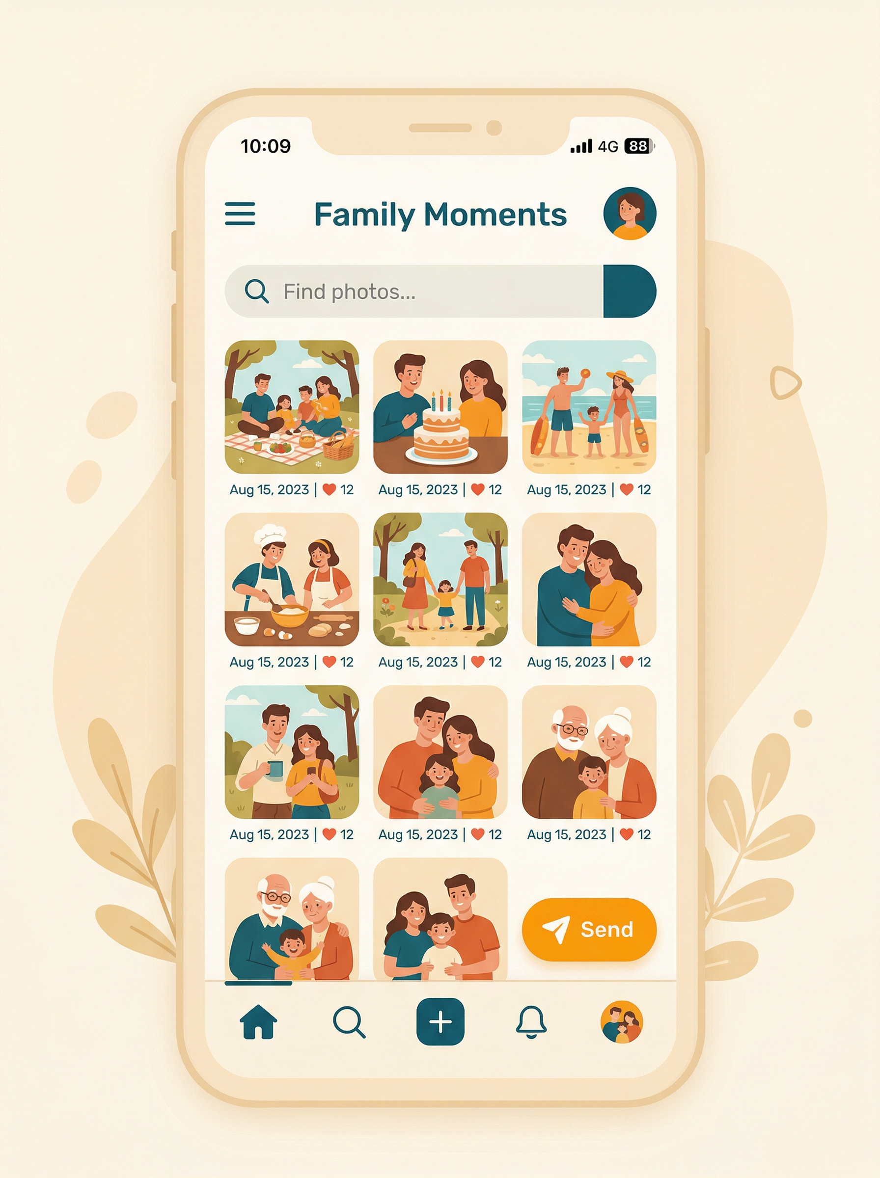 Pelipost mobile app showing a photo-sharing interface for sending pictures to loved ones